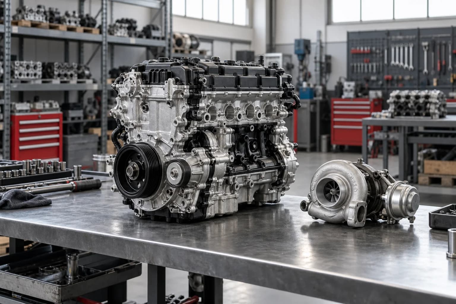 Immagine illustrativa di un motore e una turbina su un banco di lavoro in officina