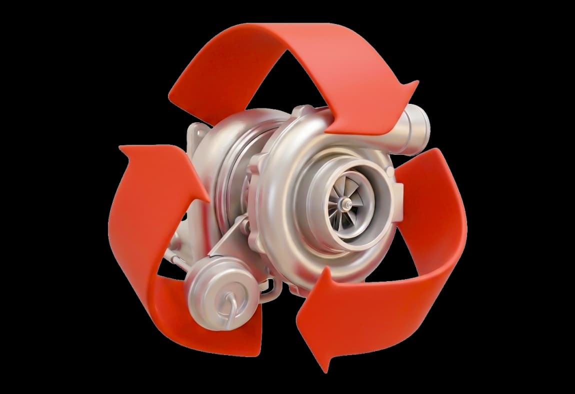 Turbina rigenerata circondata dal simbolo del ciclo di rigenerazione